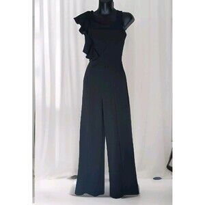Maru Woman's Party  Bow Rufle Shoulder Jumpsuit One Piece Wide Leg Black Sz S